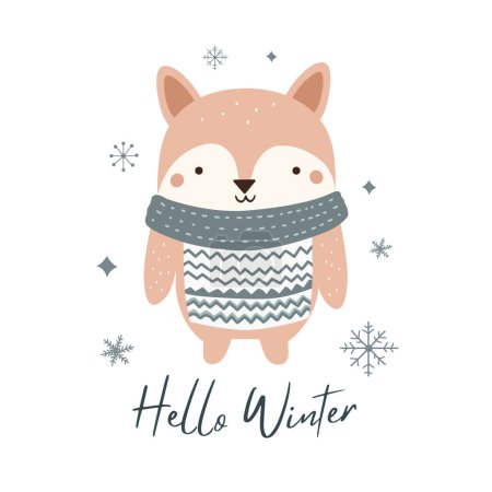 Téléchargez les illustrations : Bonjour carte minimaliste hiver avec renard mignon. Affiche de Noël en style scandinave doodle. Modèle d'hiver. - en licence libre de droit