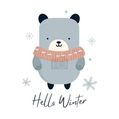 Téléchargez les illustrations : Bonjour carte minimaliste d'hiver avec ours mignon. Affiche de Noël en style scandinave doodle. Modèle d'hiver. - en licence libre de droit
