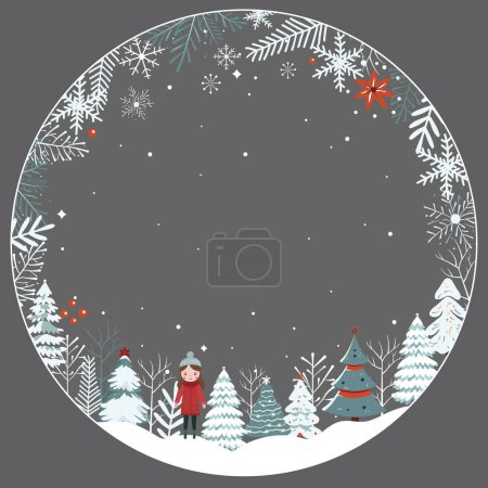 Téléchargez les illustrations : Carte de Noël, cadre avec flocons de neige, arbres. Nouvel an, Joyeux Noël modèle. Concept d'hiver dans le style scandi. - en licence libre de droit