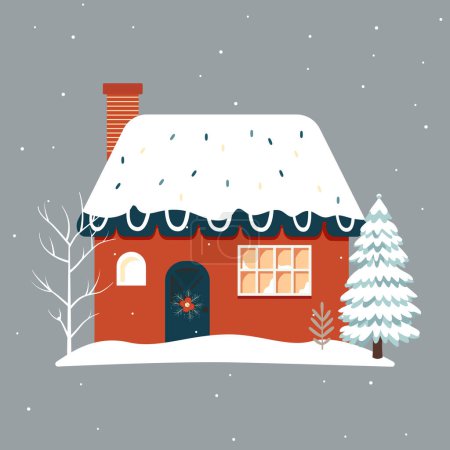 Téléchargez les illustrations : Maison et arbres scandinaves de Noël. Mignon scandi maison d'hiver. Maison vectorielle enfantine à la mode. Carte de Noël - en licence libre de droit