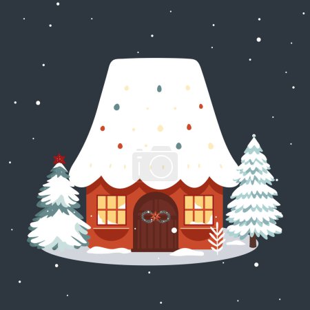 Téléchargez les illustrations : Maison et arbres scandinaves de Noël. Mignon scandi maison d'hiver. Maison vectorielle enfantine à la mode. Carte de Noël - en licence libre de droit