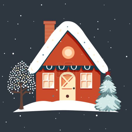 Téléchargez les illustrations : Fairy scandi maison d'hiver. Maison et arbres scandinaves de Noël. Maison vectorielle enfantine à la mode. Carte de Noël - en licence libre de droit