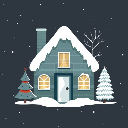 Téléchargez les illustrations : Fée scandi maison d'hiver. Maison scandinave de Noël et arbres enneigés. Carte de Noël avec jolie maison - en licence libre de droit