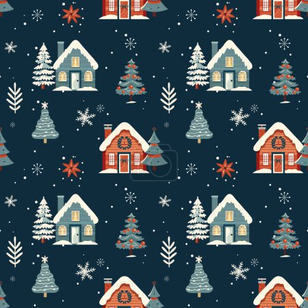 Illustration for Winter seamless pattern with scandinavian houses. Christmas vector pattern. Winter background design. - Royalty Free Image