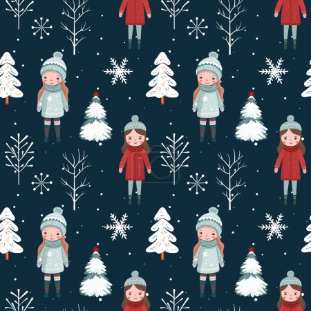 Illustration for Winter seamless pattern with girls, snowy trees. Christmas vector pattern. Winter background design. - Royalty Free Image