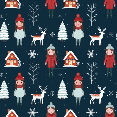 Illustration for Winter seamless pattern with girls, house, snowy trees. Christmas vector pattern. Winter background design. - Royalty Free Image