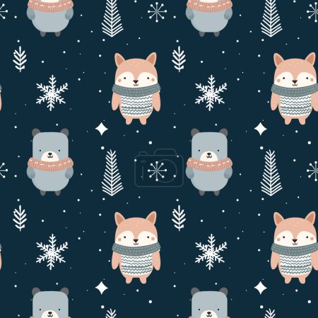 Illustration for Winter seamless pattern with cute polar animals. Scandinavian Christmas vector pattern. Winter background design. - Royalty Free Image