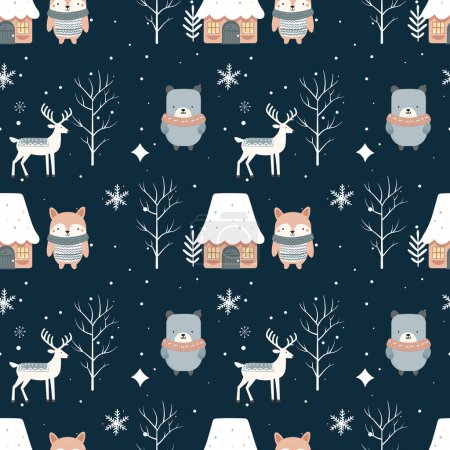 Téléchargez les illustrations : Modèle sans couture d'hiver avec des animaux de forêt mignons. Modèle scandinave de Noël. Fond d'hiver - en licence libre de droit