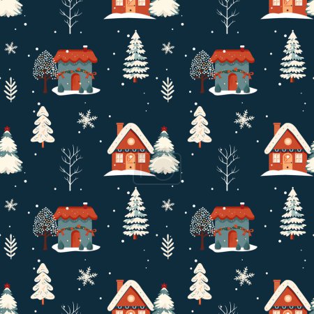 Illustration for Winter seamless pattern with scandinavian houses. Christmas vector pattern. Winter background design. - Royalty Free Image