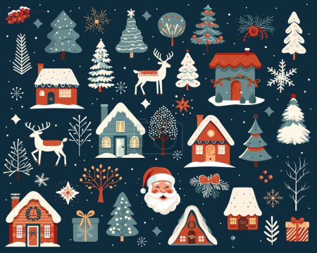Illustration for Big set of hand drawn christmas elements. Scandi christmas illustration, cute houses, trees, deer, santa claus. - Royalty Free Image