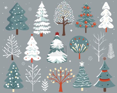 Illustration for Set of winter scandinavian trees. Hand drawn christmas trees. Cute abstract colored trees. Trendy scandi vector plants. - Royalty Free Image
