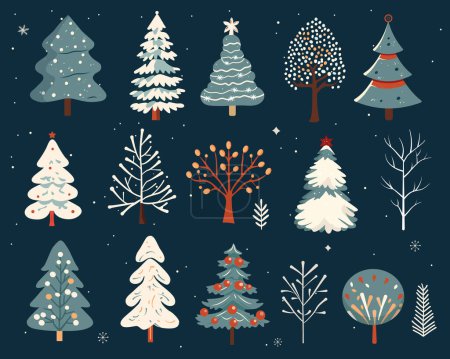 Illustration for Hand drawn christmas trees. Set of winter scandi trees. Cute abstract colored trees. Trendy scandi vector plants. - Royalty Free Image