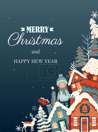Illustration for Christmas and New Year design. Christmas frame, poster, banner. Winter ornament card with scandi houses, trees, girl. - Royalty Free Image