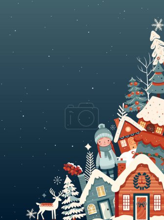 Illustration for Christmas and New Year design. Christmas frame, poster, banner. Winter ornament card with scandi houses, trees, girl. - Royalty Free Image