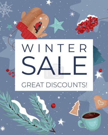 Illustration for Winter sale banner with discount text. Template for design poster, banner, invitation, voucher. Promo discount season offer. - Royalty Free Image