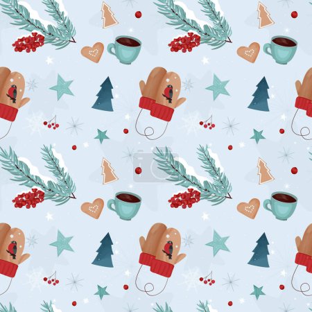 Illustration for Seamless winter pattern with knitted mittens, coffee cups berries and snowflakes. Christmas pattern. Design for textile, prints, wrapping paper, scrapbook, greeting card. - Royalty Free Image