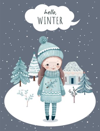 Illustration for Hand drawn winter poster with cute girl, trees, house. Winter christmas card. Wintry scenes. - Royalty Free Image