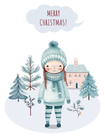 Illustration for Hand drawn winter poster with cute girl, trees, house. Winter christmas illustration. Wintry scenes. - Royalty Free Image