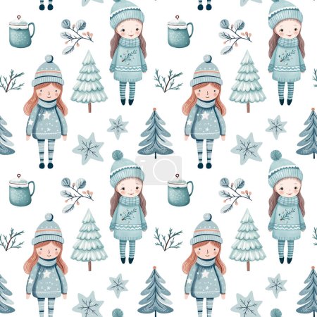 Illustration for Seamless pattern with doodle girls, cup and tree. Vector hand drawn christmas elements. Winter background - Royalty Free Image