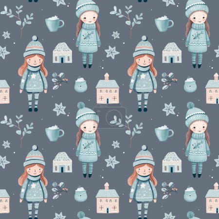 Illustration for Seamless pattern with doodle girl and houses. Vector hand drawn christmas elements. Winter background - Royalty Free Image