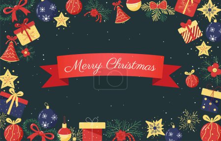 Illustration for Christmas design, background, poster. Merry Christmas frame with christmas elements. Dark background - Royalty Free Image