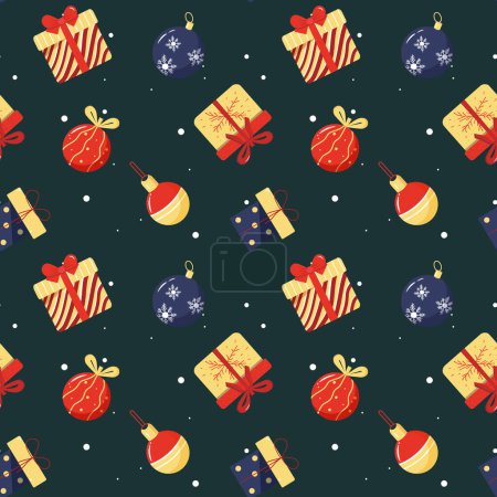 Illustration for Winter seamless pattern with Christmas gifts. Christmas vector pattern. Winter card design. - Royalty Free Image