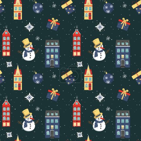 Illustration for Winter seamless pattern with scandi houses. Christmas vector pattern. Winter card design. - Royalty Free Image