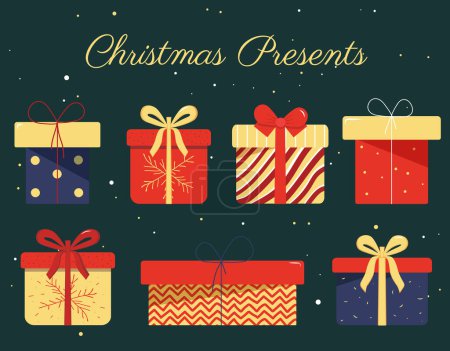 Ilustración de Ilustración vectorial de varias cajas de regalo de Navidad en estilo plano. Set de Navidad. Vacaciones y regalos de Navidad. - Imagen libre de derechos