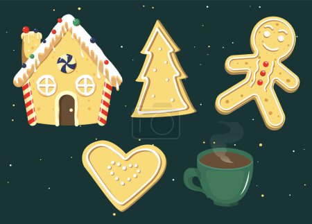 Illustration for Xmas Gingerbread cookies. Cute ginger bread men, house, heart, tree. Christmas Classic biscuit. - Royalty Free Image