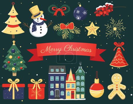 Illustration for Christmas collection of seasonal elements with snowman, christmas trees, gift, scandi houses. Vector winter design. - Royalty Free Image
