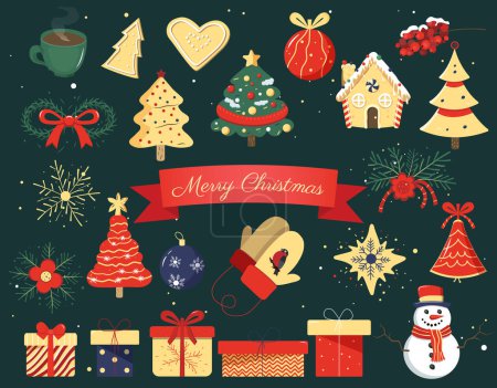 Photo for Christmas collection of seasonal elements with snowman, christmas trees, mittens gift. Vector winter design. - Royalty Free Image