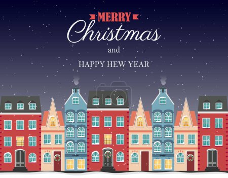 Téléchargez les illustrations : Carte de Noël, bannière avec des maisons scandinaves colorées en hiver. Illustration d'hiver, cadre de Noël, modèle - en licence libre de droit