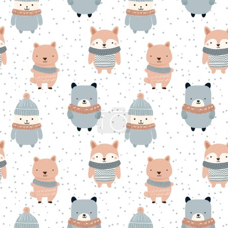 Illustration for Winter seamless pattern with cute animals. Christmas vector pattern. Hand drawn vector children's print - Royalty Free Image