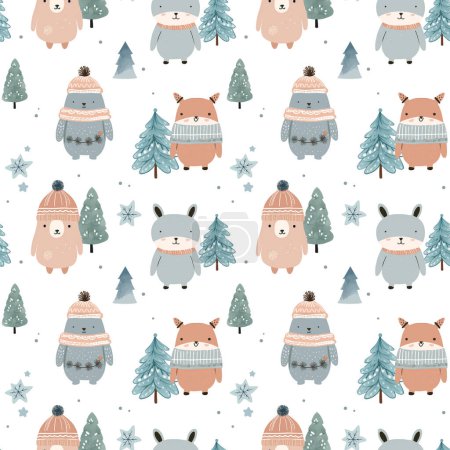 Téléchargez les illustrations : Modèle sans couture d'hiver avec des animaux mignons. Modèle vectoriel de Noël. Impression vectorielle dessinée à la main pour enfants - en licence libre de droit
