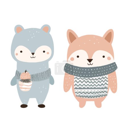 Illustration for Hand drawn doodle animals. Cute scandinavian animals in winter clothes. Winter forest vector illustration - Royalty Free Image