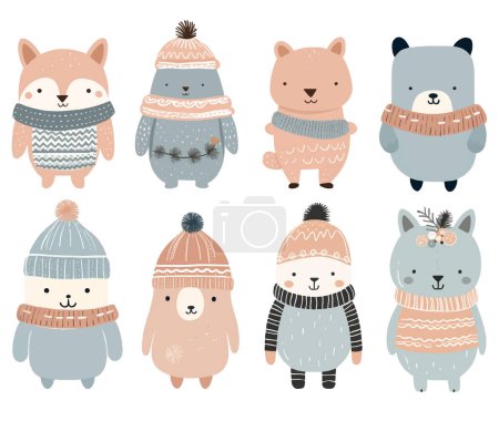Illustration for Hand drawn doodle animals. Cute scandinavian animals in winter clothes. Winter forest vector illustration - Royalty Free Image
