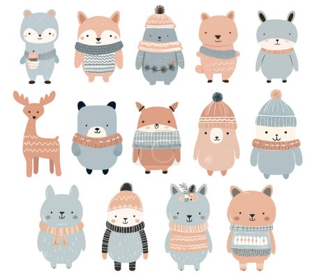 Illustration for Cute scandinavian animals in winter clothes. Hand drawn doodle animals. Winter forest vector illustration - Royalty Free Image