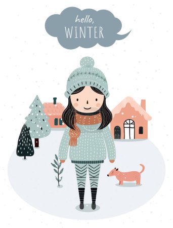 Illustration for Hand drawn winter poster with girl, snowy trees, house. Wnter christmas card for event invitation, voucher, social media. Wintry scenes. - Royalty Free Image