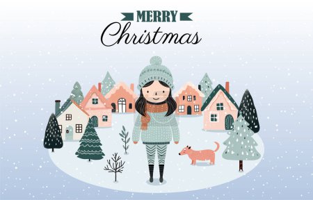 Illustration for Hand drawn winter banner with girl, snowy trees, houses. Christmas design, background, poster. Wintry scenes. - Royalty Free Image