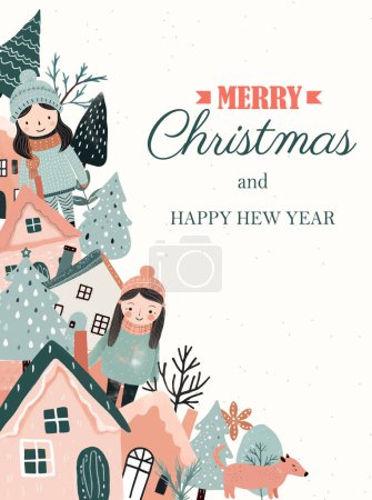 Illustration for Concept Christmas and New Year. Winter ornament, poster, banner. Winter card, frame with scandi houses, trees, girls. - Royalty Free Image