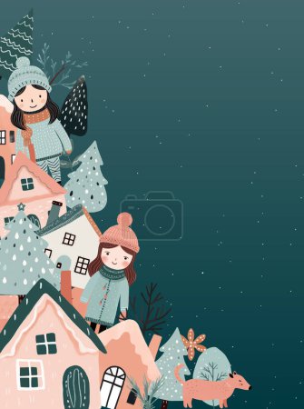 Illustration for Concept Christmas and New Year. Winter ornament, poster, banner. Winter card, frame with scandi houses, trees, girls. - Royalty Free Image