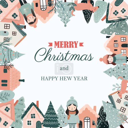 Illustration for Square winter card, Christmas frame with text, scandi houses, trees, girls. New Year, winter ornament, poster - Royalty Free Image