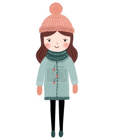 Illustration for Cute funny girl in winter clothes. Hand drawn girl in fairy tale scandinavian style. - Royalty Free Image