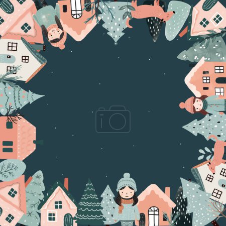 Illustration for Square winter card, Christmas frame with scandi houses, trees, girls. New Year, winter ornament, poster - Royalty Free Image