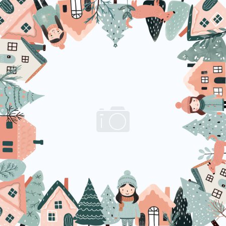 Illustration for Square winter card, Christmas frame with text, scandi houses, trees, girls. New Year, winter ornament, poster - Royalty Free Image