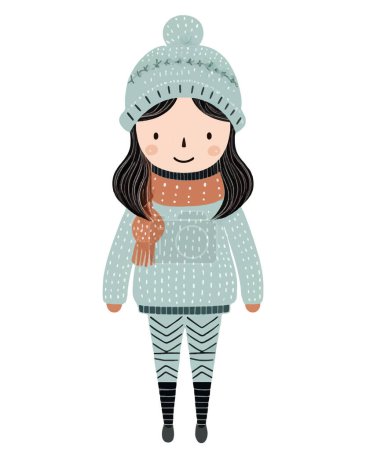 Illustration for Cute funny girl in winter clothes. Hand drawn girl in fairy tale scandinavian style. - Royalty Free Image
