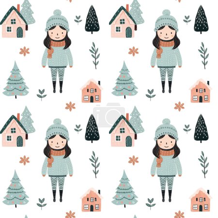 Ilustración de Patrón sin costuras con chica garabato, casa y árbol. Vector dibujado a mano elementos de Navidad. Fondo de invierno - Imagen libre de derechos