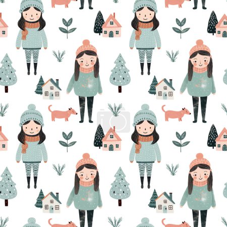 Illustration for Seamless pattern with doodle girl, house and tree. Vector hand drawn christmas elements. Winter background - Royalty Free Image