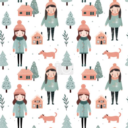 Téléchargez les illustrations : Modèle sans couture avec fille doodle, maison et arbre. Vecteur dessiné à la main éléments de Noël. Fond d'hiver - en licence libre de droit