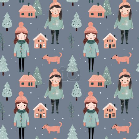 Téléchargez les illustrations : Modèle sans couture avec fille doodle, maison et arbre. Vecteur dessiné à la main éléments de Noël. Fond d'hiver - en licence libre de droit